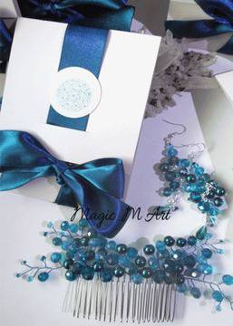 Дизайнерски Гребен- украса за коса кристали цвят тюркоаз комплект с обици и картичка - Azure Coast