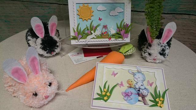 Великденско зайче от прежда с морков от плат и Великденска картичка